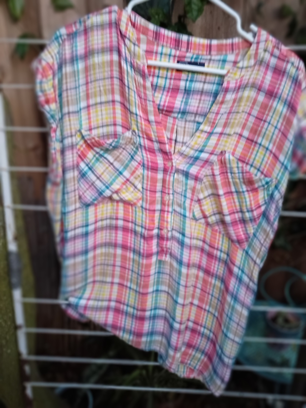 GAP Pink Multi-Color Plaid Cap Sleeve Top